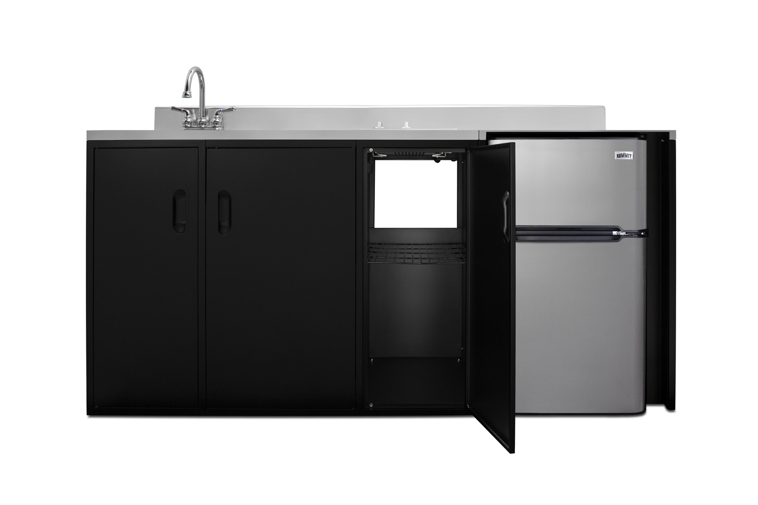 72 inch wide, ADA counter height all-in-one kitchenette in black with a 2-burner 115V smooth top cooktop, 2-door refrigerator-freezer, sink, and three storage cabinets